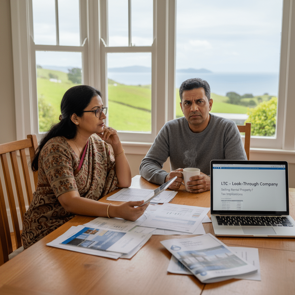 Couple reviewing rental property paperwork at their kitchen table, with a laptop open to a page about LTC – Look-Through Company tax implications for selling rental property.