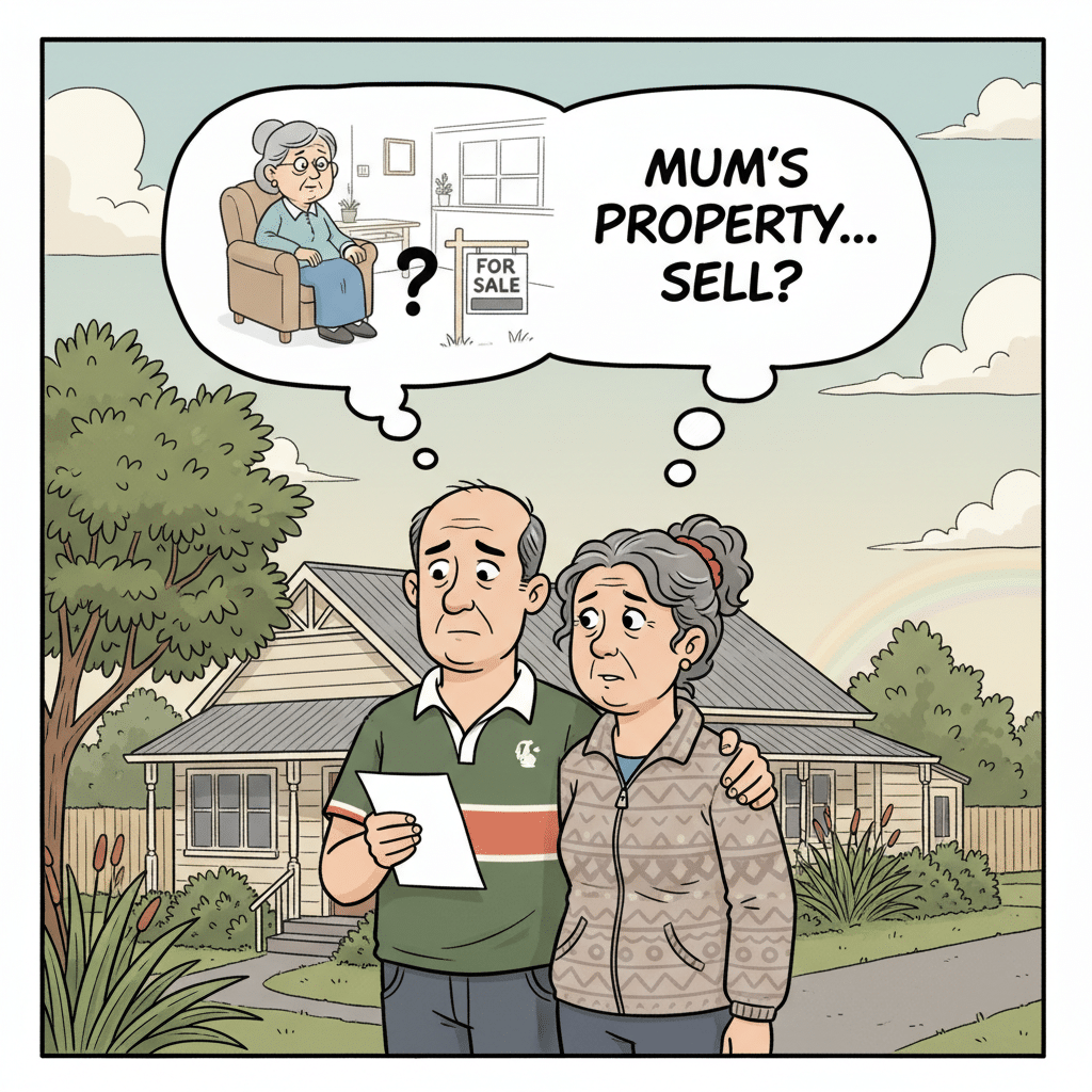 Older couple standing outside a house reviewing paperwork while considering the future care needs of an elderly parent. A thought bubble shows an elderly person, a house with a “For Sale” sign, and the words “Mum’s Property... Sell?”, illustrating concerns about residential care funding, asset ownership, and gifting rules affecting Residential Care Subsidy eligibility.