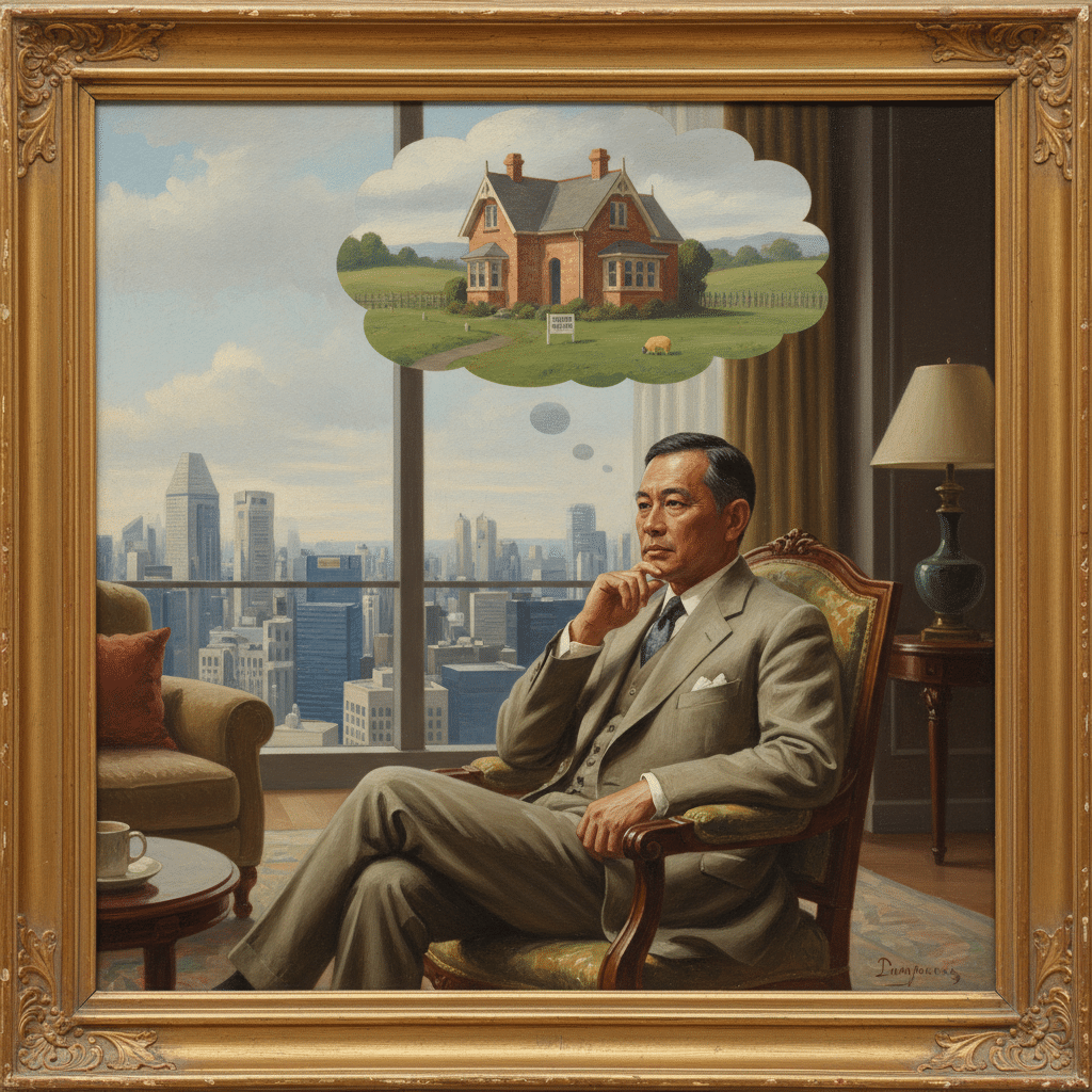Painting of a man seated in a high-rise apartment overlooking a city skyline, thinking of a New Zealand-style villa with a "For Sale" sign on a rural property — representing a Singapore-based investor considering an NZ rental property.