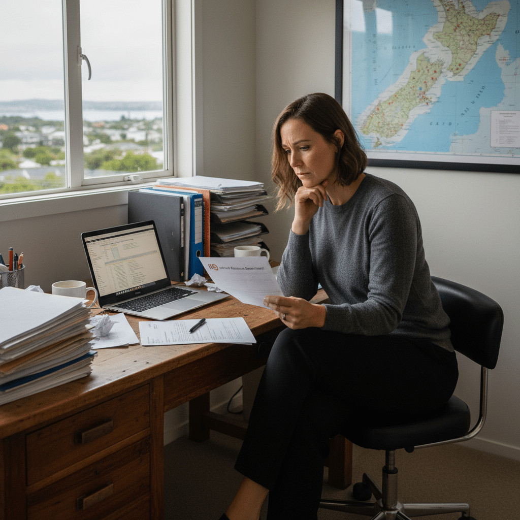 A New Zealand property investor sitting at a table, looking concerned while reading a letter from Inland Revenue.
