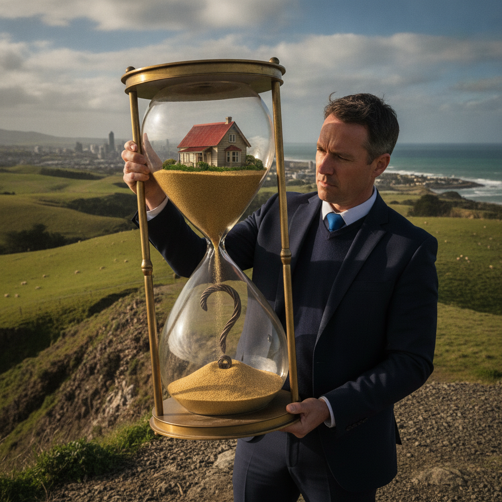an investor looks at an hourglass, deciding if property is worth it or not.