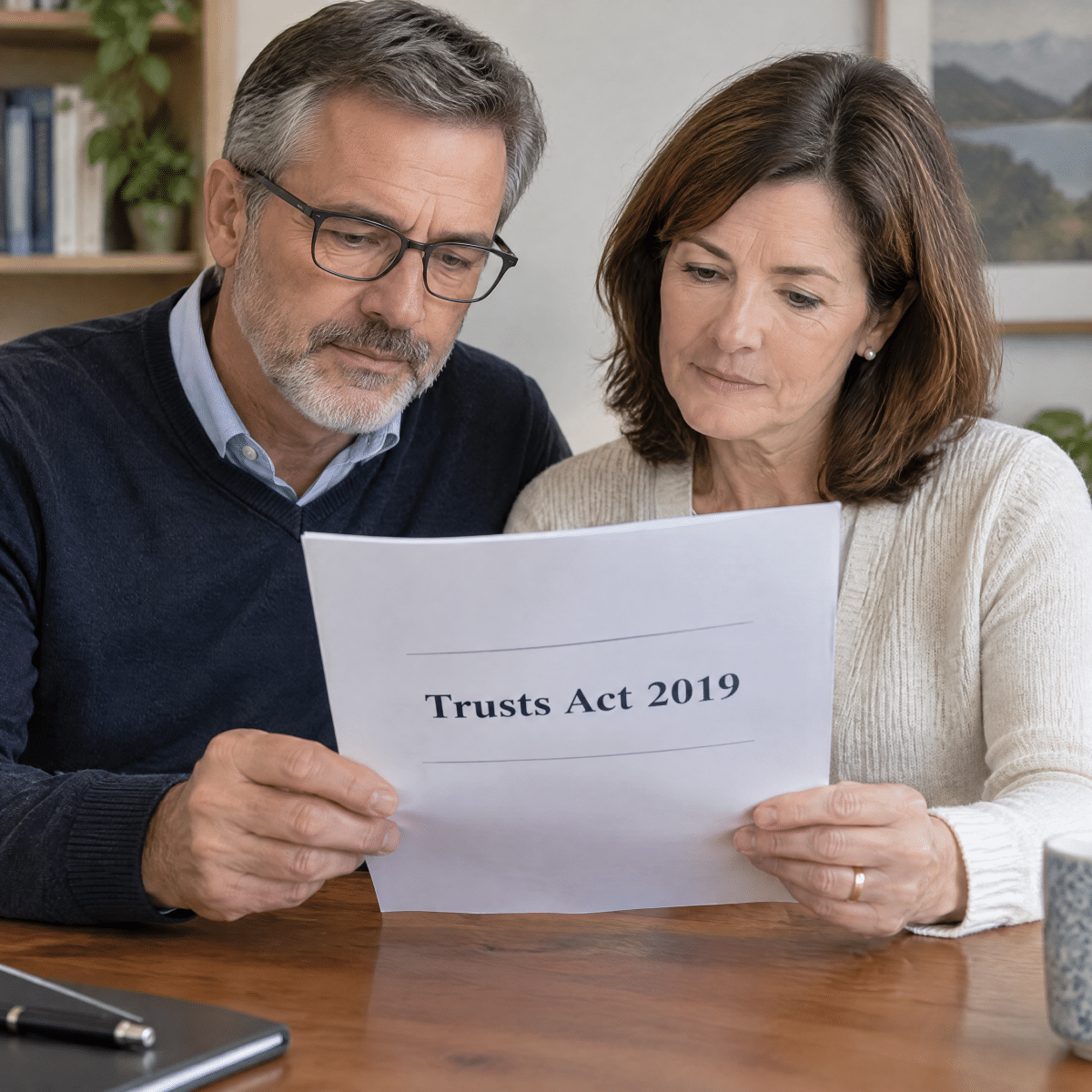 two trustees of a trust. they are a married couple, and they are looking at a document with the words Trusts Act 2019