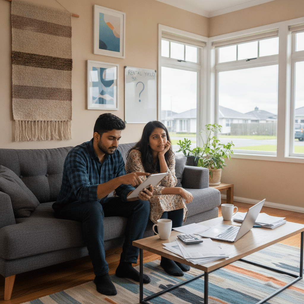 Couple reviewing rental yield calculations on a tablet at home, with a laptop, calculator and papers on the coffee table and a whiteboard behind them reading "Rental Yield?"