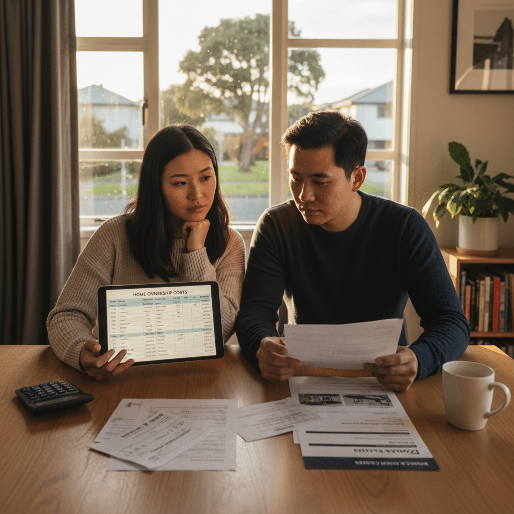 Property investors analysing rental property expenses, including rates, insurance, maintenance, and mortgage costs, to calculate the real cost of owning a rental property.