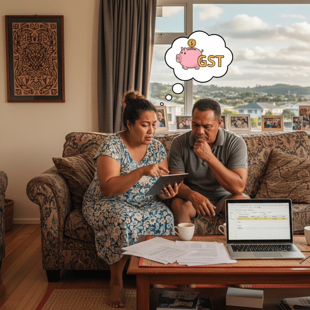 Couple reviewing rental property paperwork and a spreadsheet on a laptop at home, with a thought bubble showing a piggy bank and "GST" representing their question about GST on rental income.