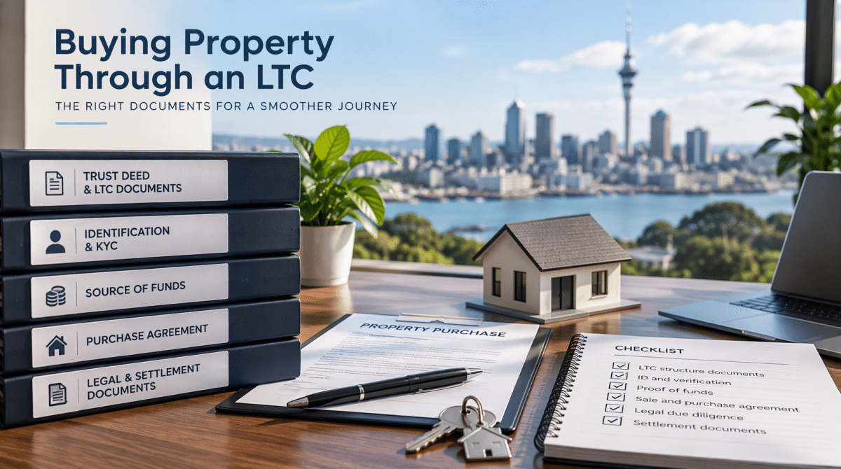 Property purchase through a Look-Through Company (LTC) showing key legal, tax and compliance documents required for buying New Zealand property.