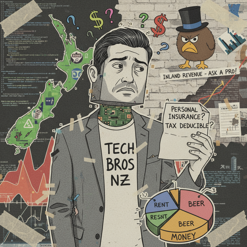 Comic illustration of a worried New Zealand man holding a note asking "Personal Insurance? Tax Deductible?". Features a map of NZ, a pie chart, and an angry kiwi bird in a top hat representing the Inland Revenue Department.