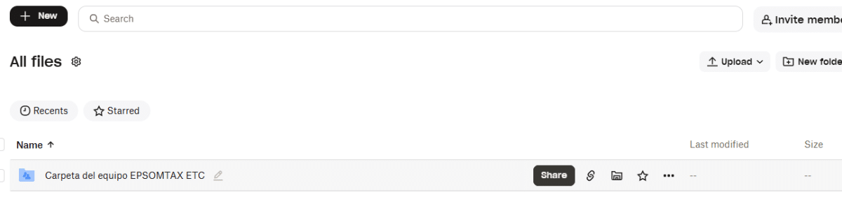 Dropbox team folder showing the Share button, demonstrating how to start sharing files or folders online with other people.