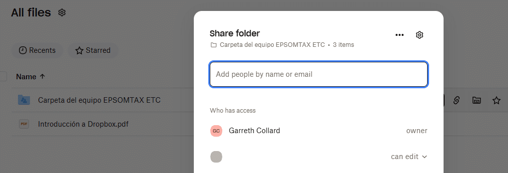 Dropbox Share Folder window displaying the option to add people by email and set access permissions, illustrating how to securely share files and folders online.