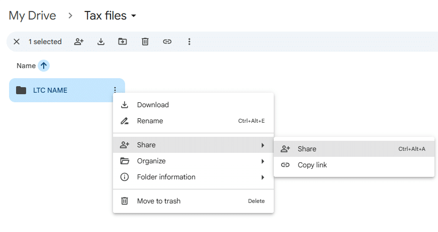 Google Drive folder selected, showing the Share option used to grant access to files and folders online for clients, colleagues, or family members.