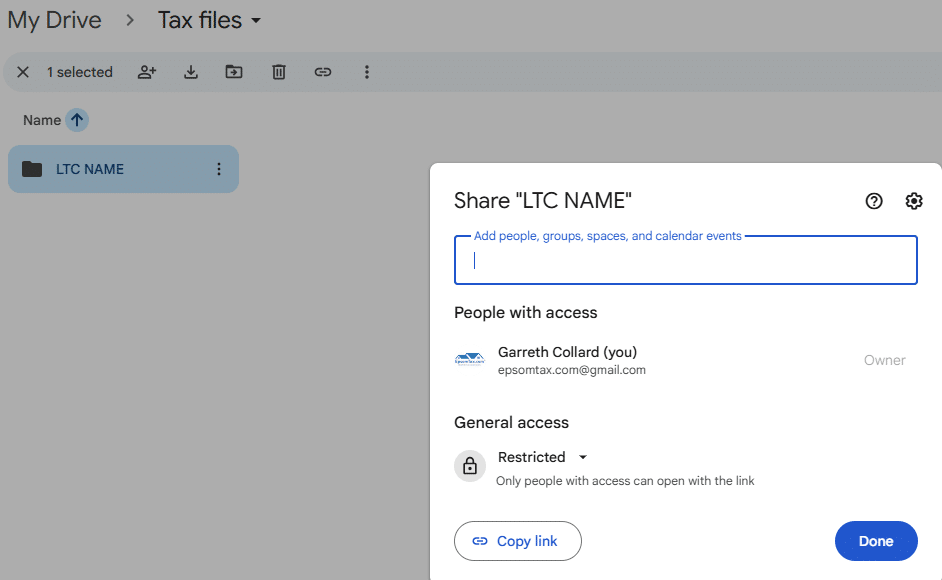 Google Drive sharing settings displaying options to add people, manage access permissions, and copy a shareable link for securely sharing documents online.