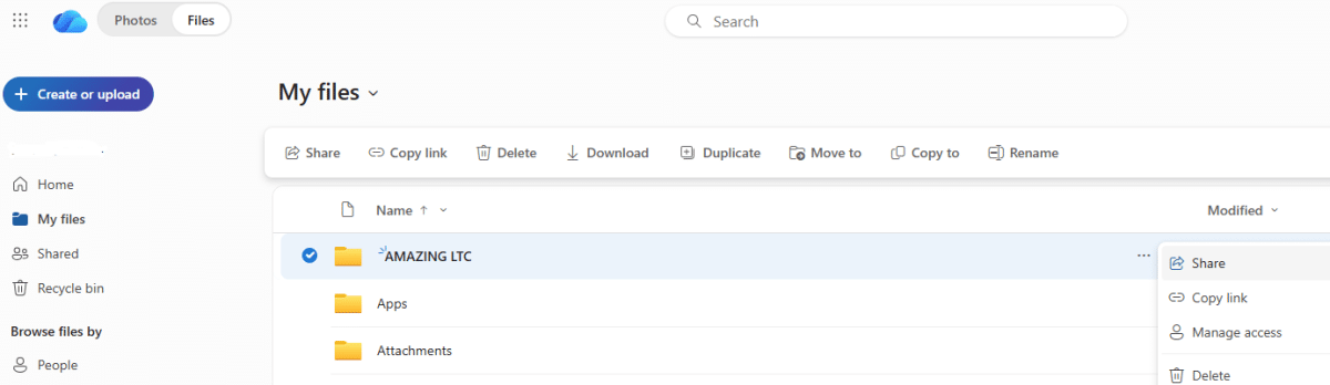 Microsoft OneDrive folder with the Share option selected from the menu, demonstrating how to share folders and documents online with other people.