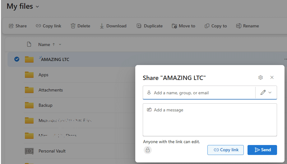 Microsoft OneDrive sharing window showing options to add recipients, set permissions, send a sharing invitation, or copy a sharing link for secure online file access.