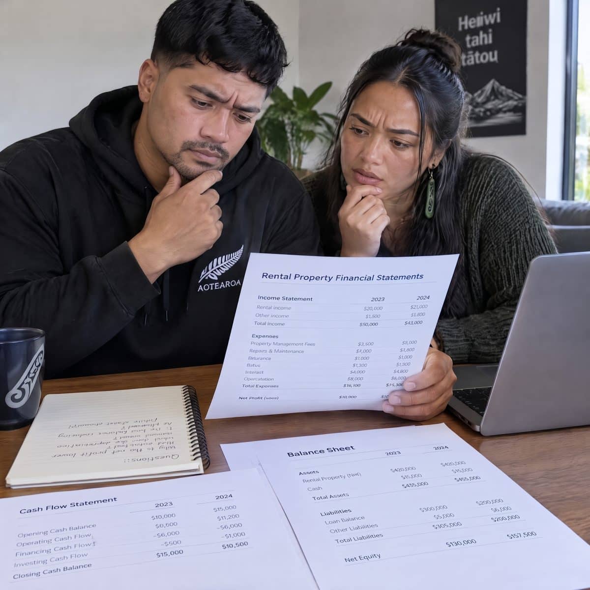 a young couple in NZ look at their rental property financial statements and try to work out what they mean