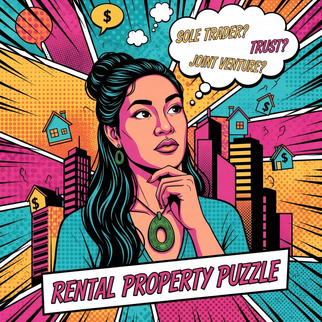 Pop-art style illustration of a woman thinking, with a thought bubble reading "Sole Trader? Trust? Joint Venture?" against a city skyline of houses and buildings, captioned "Rental Property Puzzle."