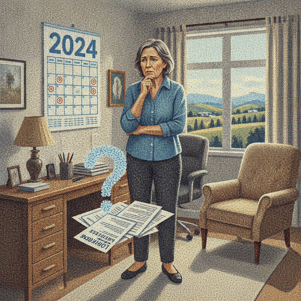 Woman standing thoughtfully in a home office with a 2024 calendar showing marked dates, looking at mortgage paperwork on the floor with a question mark above it, representing uncertainty about where NZ interest rates are heading.