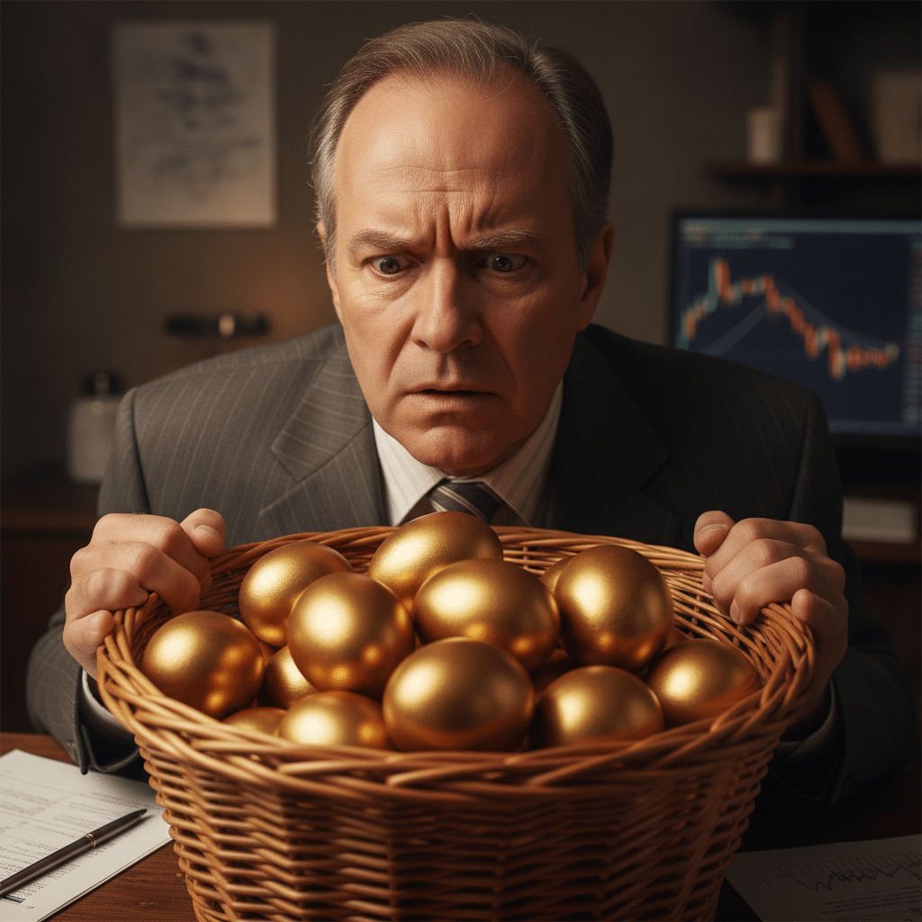 Worried businessman clutching a basket full of golden eggs at his desk, with a stock market chart in the background, illustrating the risk of concentrating all your investments in one basket.