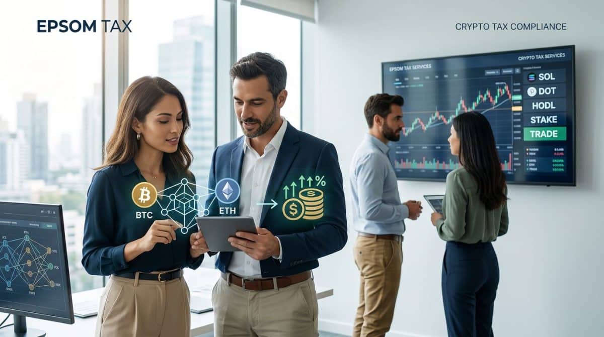 Cryptocurrency tax compliance and investment analysis with Bitcoin, Ethereum, staking, holding and trading concepts displayed in a modern accounting office.
