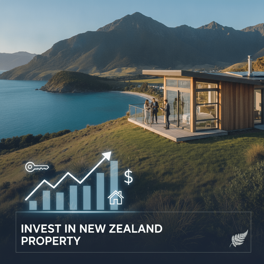 Coastal New Zealand property with people viewing the deck overlooking the sea and mountains, with a rising growth chart, house and key icons representing investing in New Zealand property.