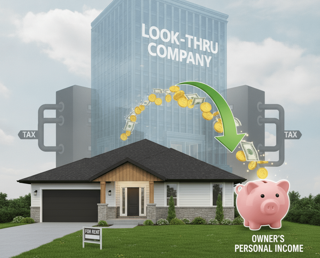 Illustration of a "For Rent" house with money flowing from a Look-Through Company past tax gates into a piggy bank labelled "Owner's Personal Income," showing how LTC rental profit passes through to the owner's personal tax return.
