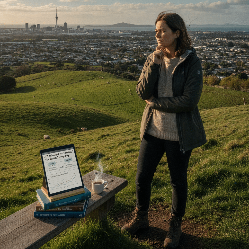 Property investor comparing an LTC, partnership and other ownership structures for a New Zealand rental property while reviewing investment and tax planning options overlooking Auckland.