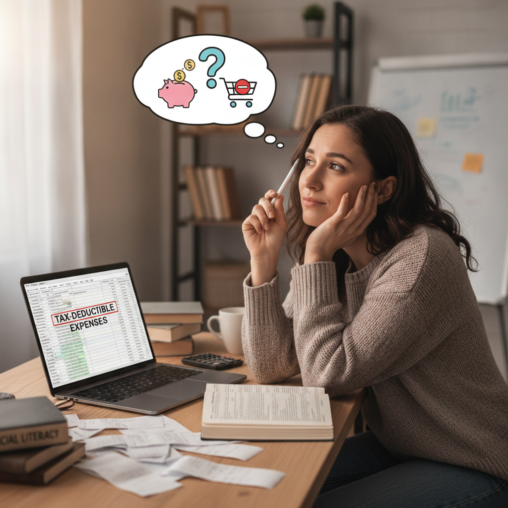 a young lady thinks about tax-deductibility