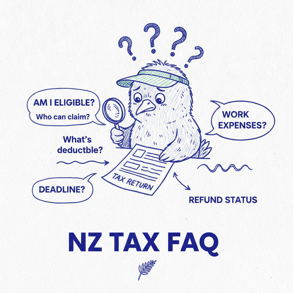 NZ tax return FAQ illustration showing a kiwi bird reviewing a tax return with questions about tax deductions, work expenses, refund status, filing deadlines, and eligibility to claim expenses.