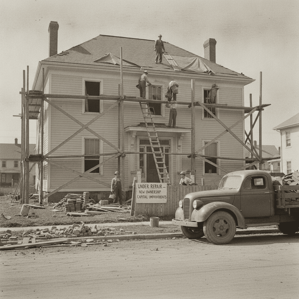 Vintage black-and-white photograph of workers renovating a two-storey house under scaffolding, with a sign reading "Under Repair — New Ownership Capital Improvements" and a loaded truck parked out front — illustrating the distinction between repairs and capital improvements on a newly acquired property.