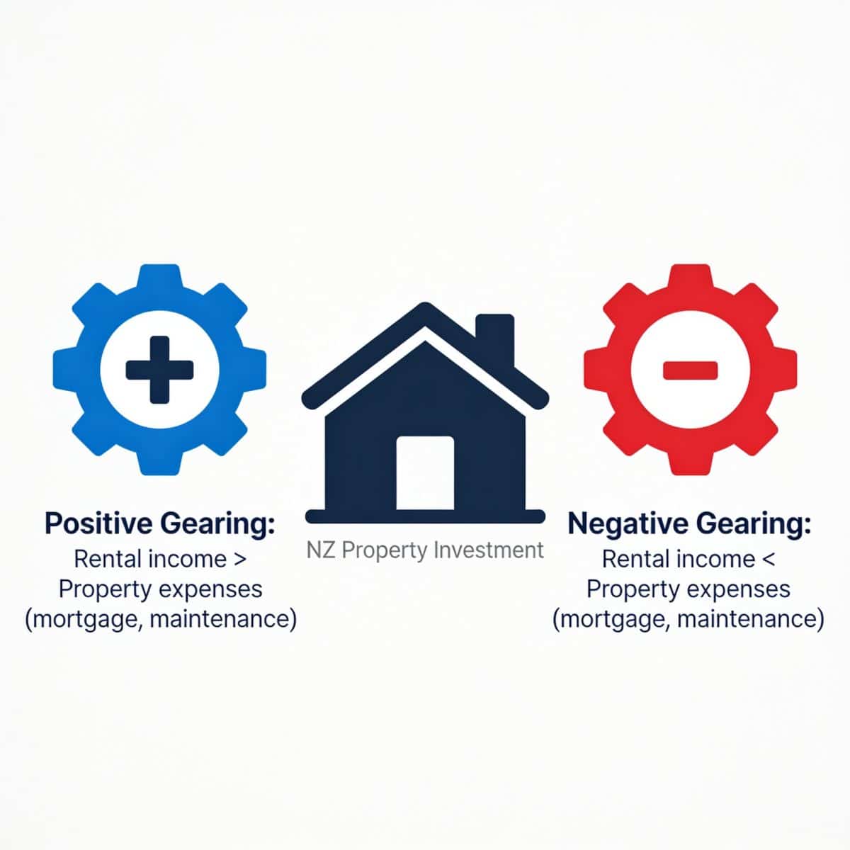 Diagram comparing positive gearing (rental income greater than property expenses) and negative gearing (rental income less than property expenses) for NZ property investment, shown as blue and red gear icons either side of a house.