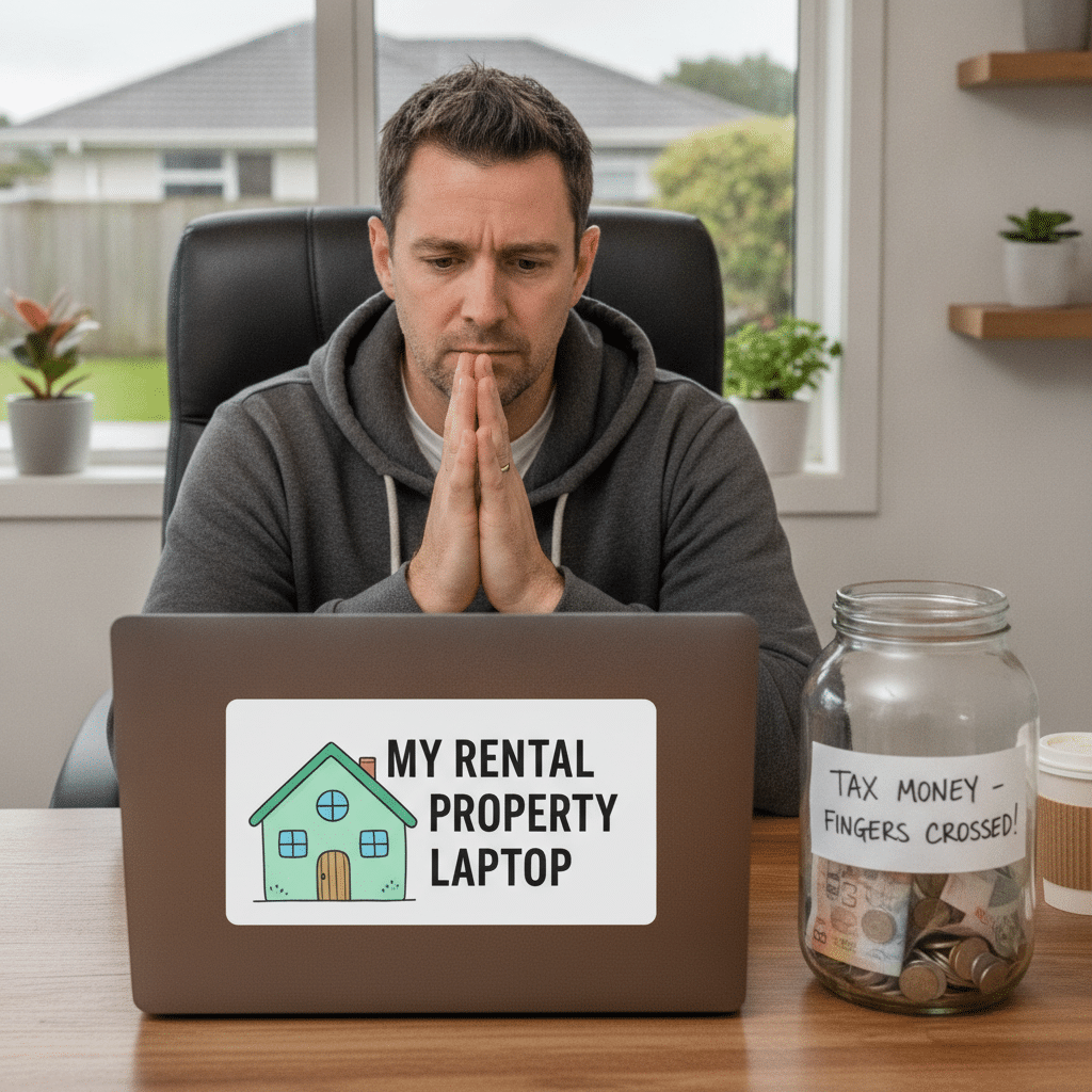A concerned-looking man sitting at a desk with his hands clasped in prayer, looking at a laptop with a prominent sticker that reads "MY RENTAL PROPERTY LAPTOP."