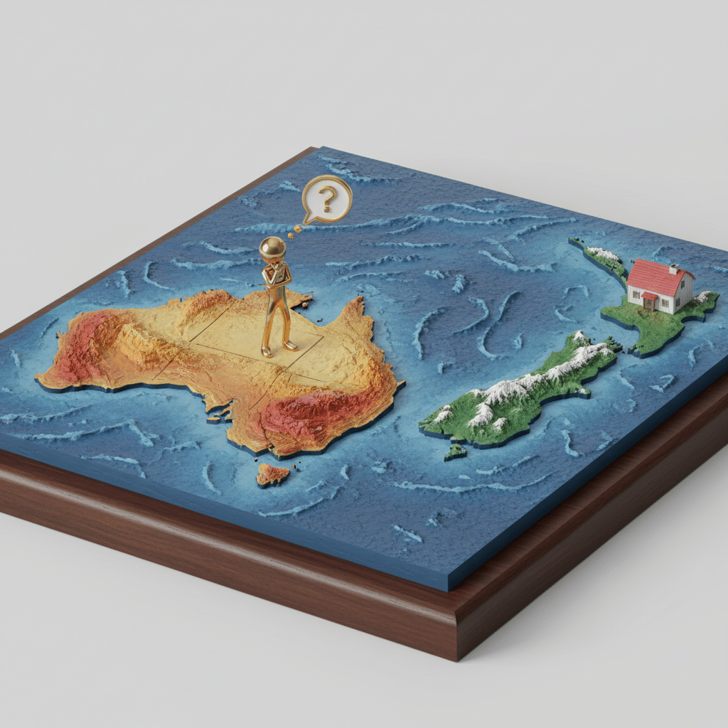 Stylised 3D map of Australia and New Zealand, with a gold figure standing on Australia with a question mark thought bubble, looking toward a house icon on New Zealand — representing the question of whether NZ rental losses are tax-deductible while working in Australia.