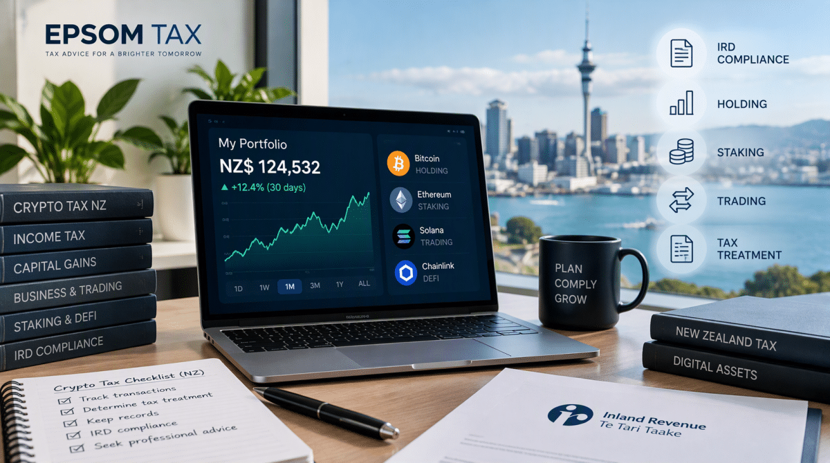 Cryptocurrency tax compliance in New Zealand with digital asset portfolio tracking, staking, holding and trading activities.