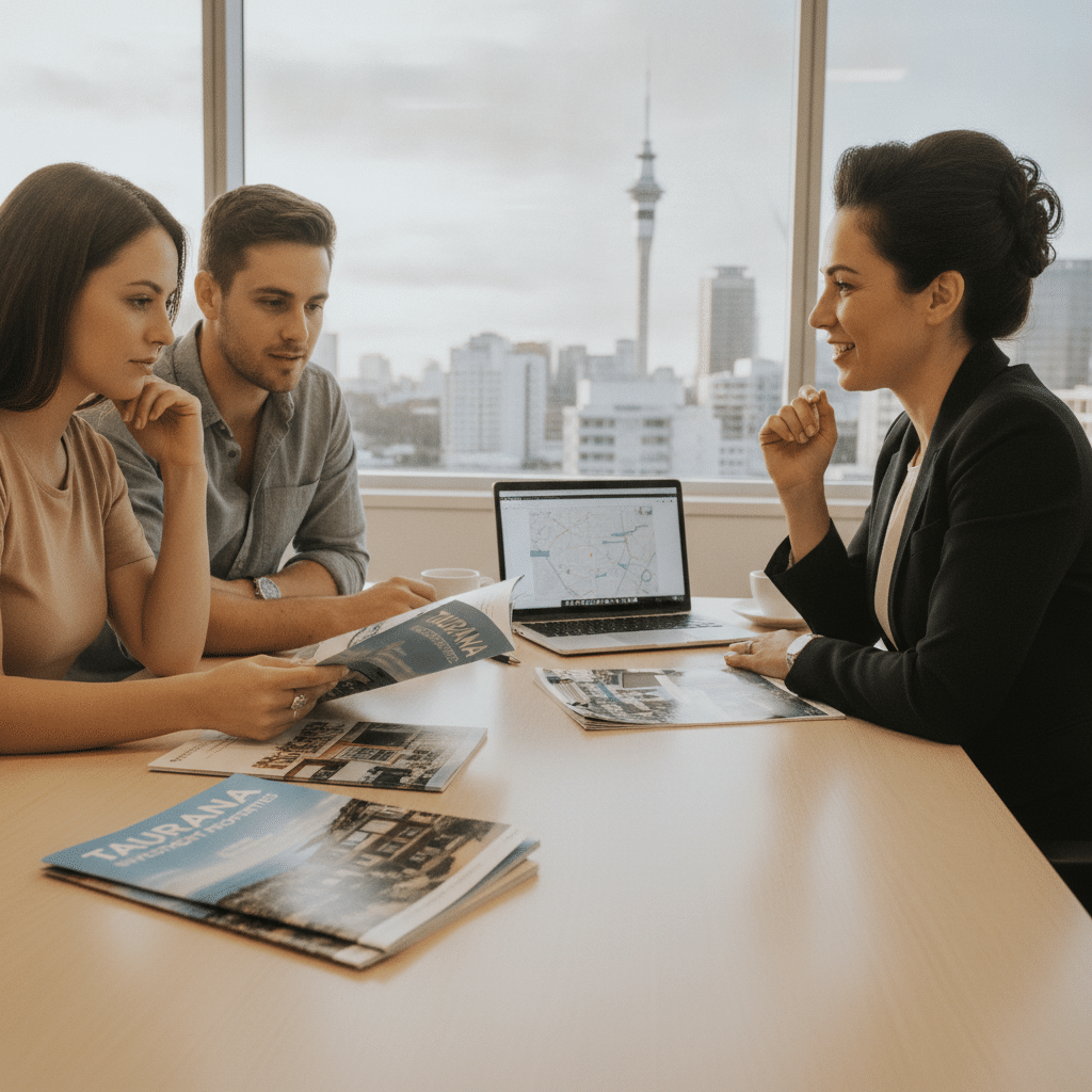 A young couple look at rental property options in different parts of New Zealand