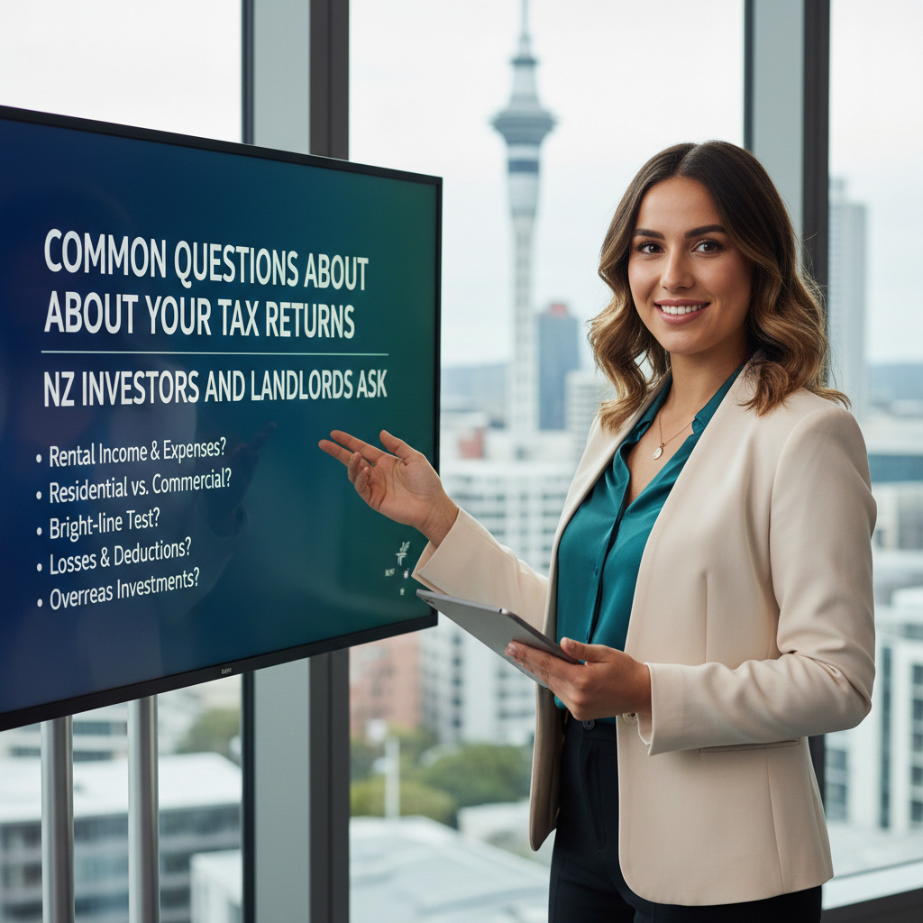 a young businesswoman gestures to a screen which has the words common questions about your tax returns