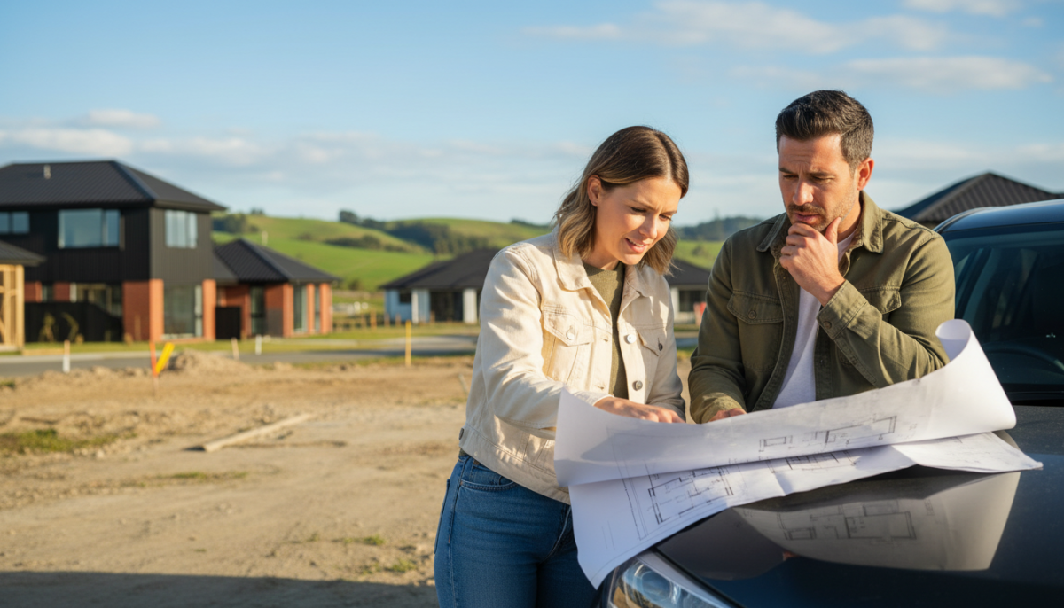 young couple look at house plans