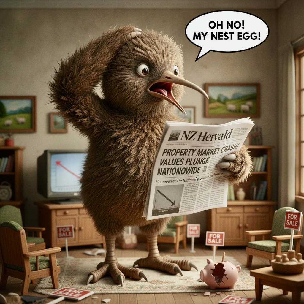 An illustration titled "The NZ Landlord's Panic" showing a worried Kiwi reading a newspaper about dropping house prices, perfectly illustrating the question: Property Market Lows — Should Investors Panic?