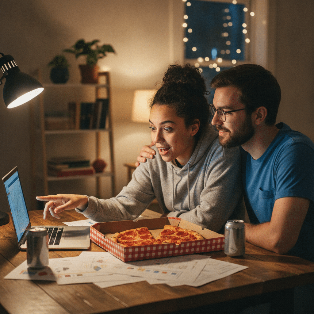 A young couple excitedly look at a computer screen as they search for investment property