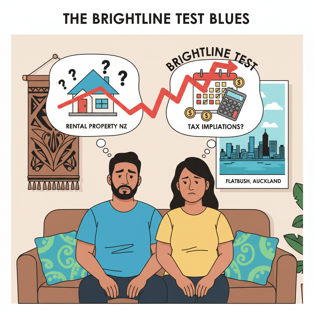 Illustration titled "The Brightline Test Blues" showing a worried couple on a couch in Flatbush, Auckland, with thought bubbles connecting a question-marked rental property to a calendar, calculator and dollar signs representing bright-line tax implications.