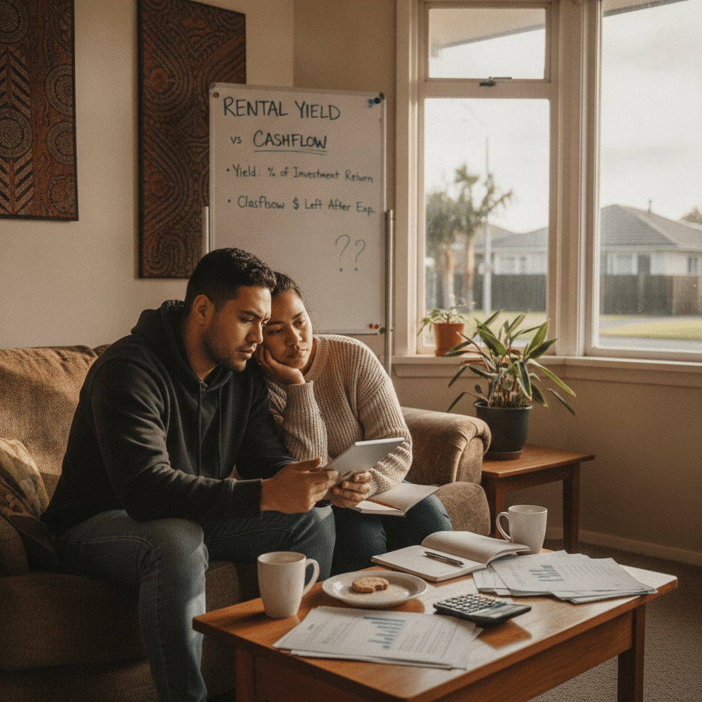 Couple reviewing property finance documents and a tablet at home, with a whiteboard behind them comparing rental yield (percentage return) against cash flow (money left after expenses).
