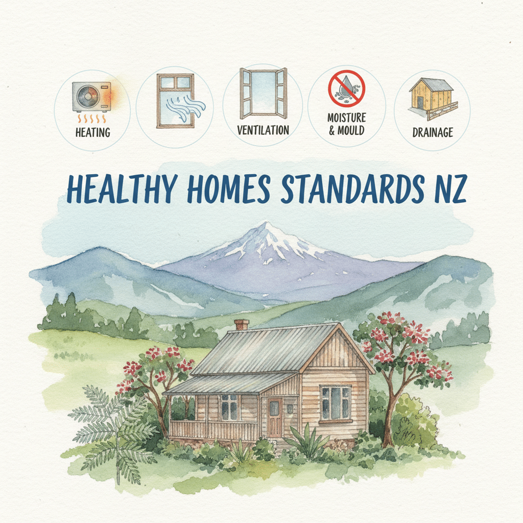 Illustration of a New Zealand cottage with mountains in the background, headed "Healthy Homes Standards NZ" with icons for the five compliance areas: heating, ventilation, moisture and mould, and drainage.