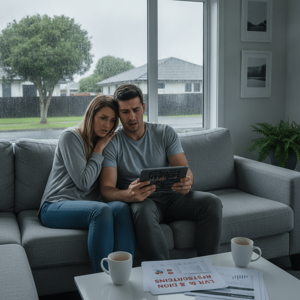 Couple reviewing lending charts on a tablet at home on a rainy day, with paperwork on the coffee table referencing LVR and DTI restrictions.