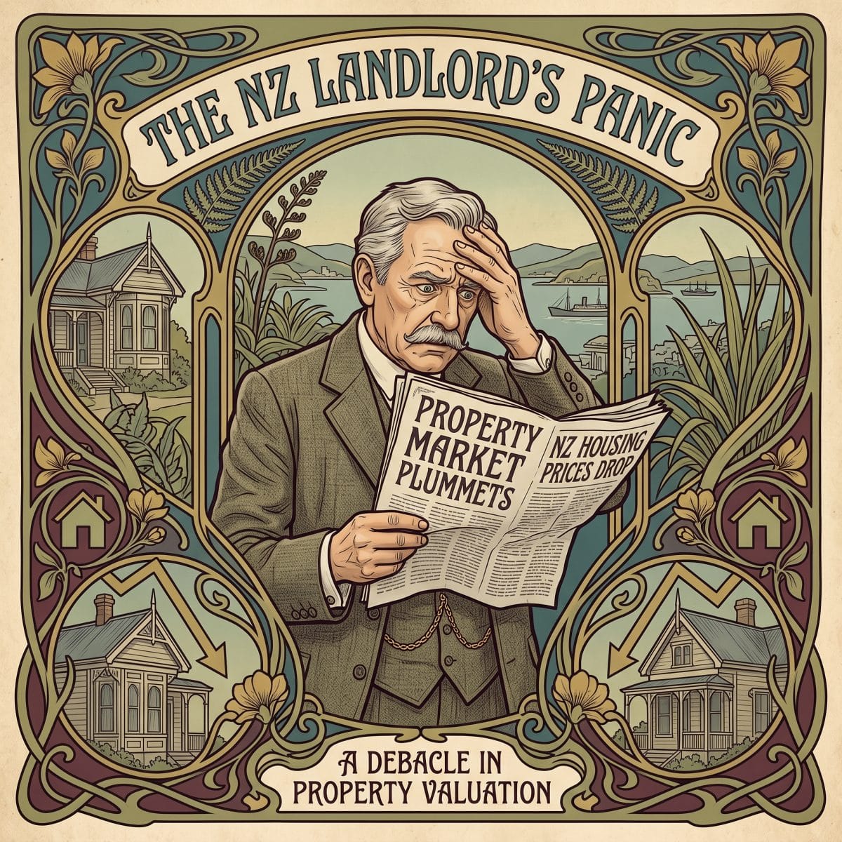 An illustration titled "The NZ Landlord's Panic" showing a worried man reading a newspaper about dropping house prices, perfectly illustrating the question: Property Market Lows — Should Investors Panic? The vintage-style graphic features a distressed property owner surrounded by falling market charts and New Zealand villas.