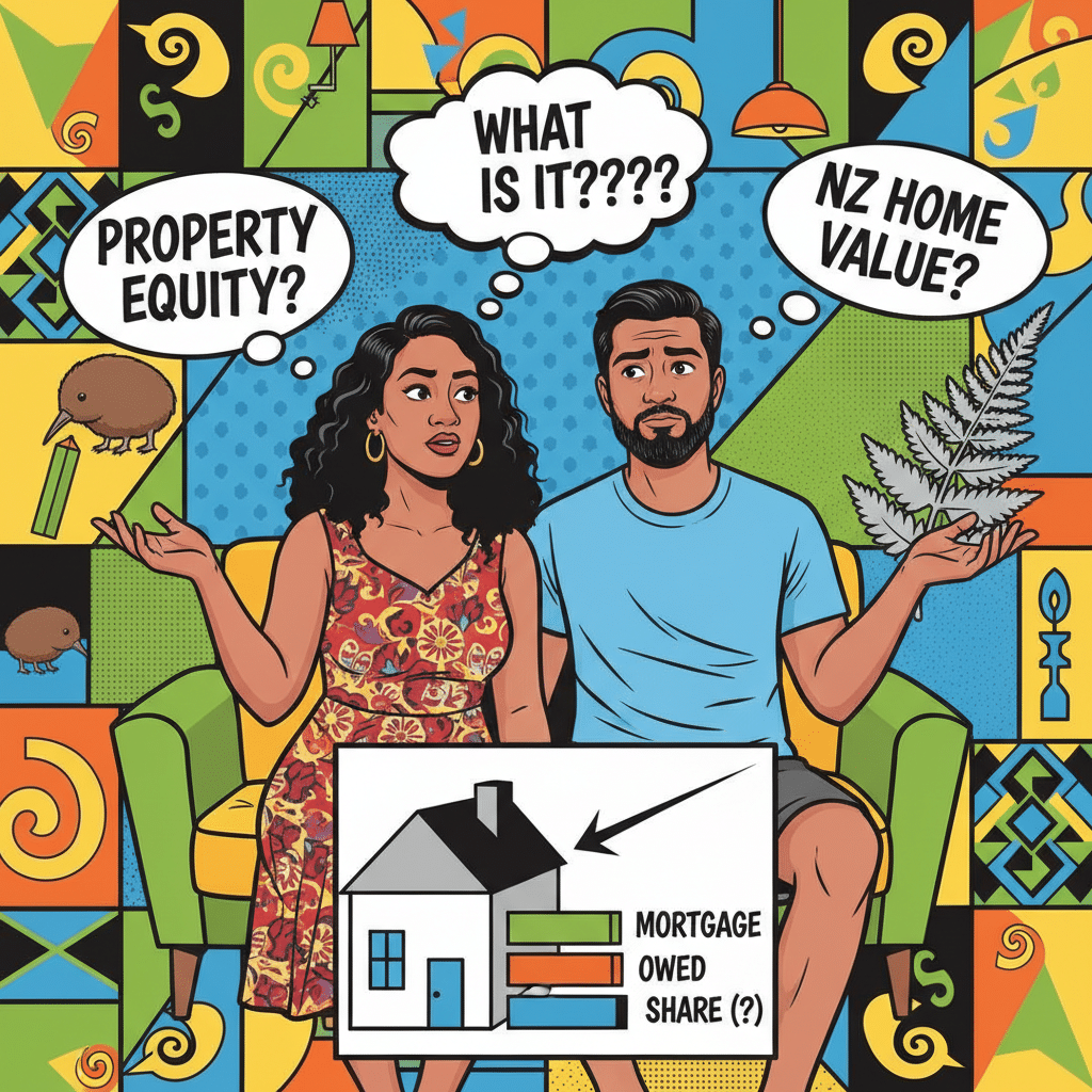 Illustrated couple looking puzzled with thought bubbles reading "Property Equity?", "What Is It????" and "NZ Home Value?", alongside a diagram of a house showing mortgage owed and ownership share, set against a New Zealand-themed pattern background.