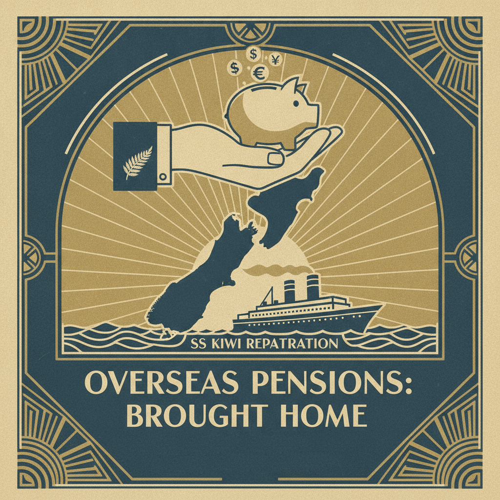Artwork depicting the transfer of overseas pensions to New Zealand, with a piggy bank, international currency symbols, and a map of New Zealand.