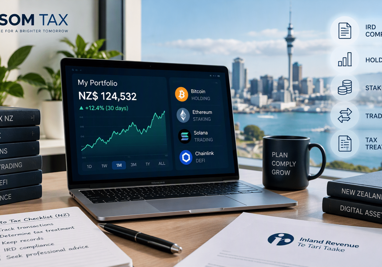 Cryptocurrency tax compliance in New Zealand with digital asset portfolio tracking, staking, holding and trading activities.