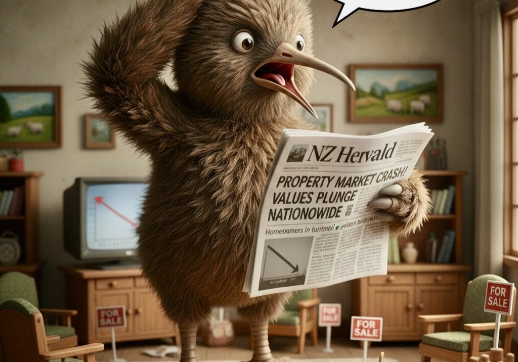 An illustration titled "The NZ Landlord's Panic" showing a worried Kiwi reading a newspaper about dropping house prices, perfectly illustrating the question: Property Market Lows — Should Investors Panic?