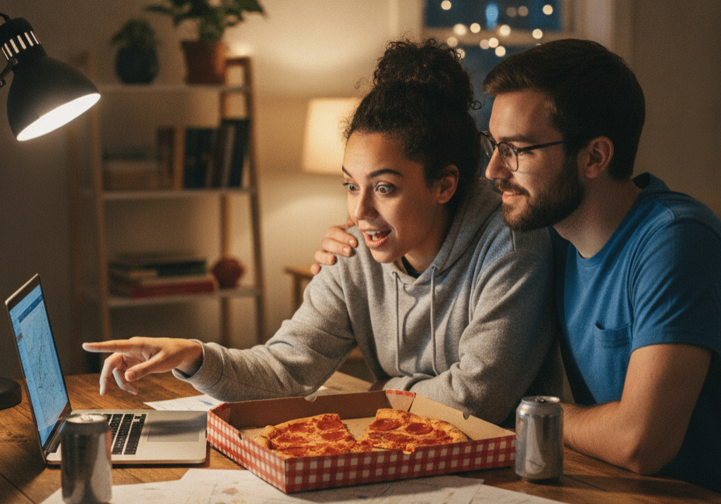 A young couple excitedly look at a computer screen as they search for investment property