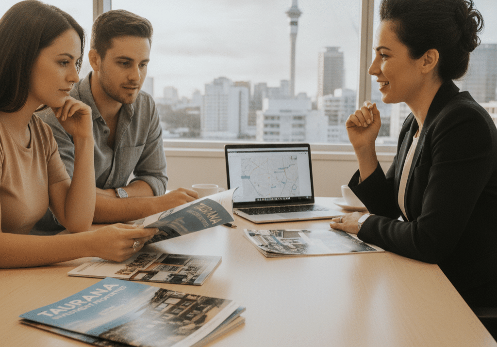 A young couple look at rental property options in different parts of New Zealand
