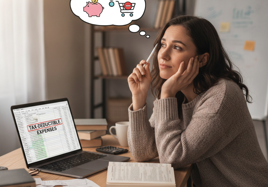 a young lady thinks about tax-deductibility