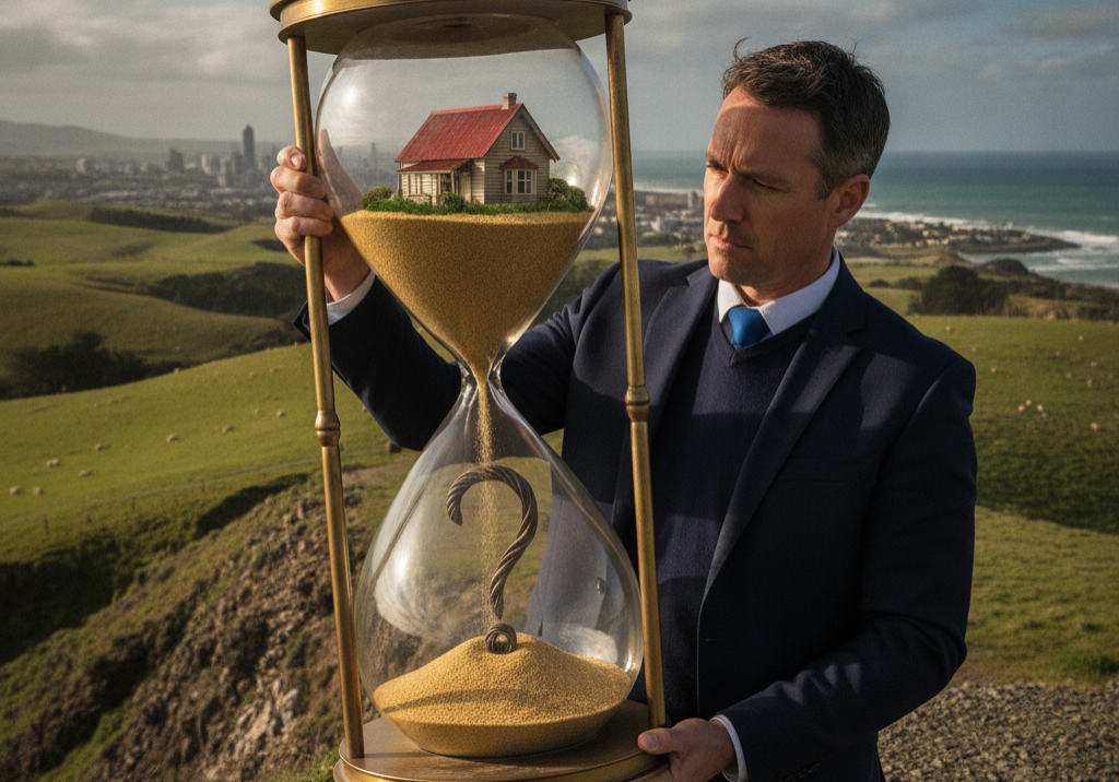 an investor looks at an hourglass, deciding if property is worth it or not.